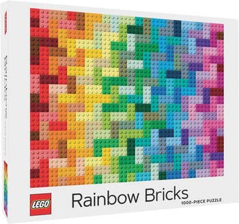 the puzzle box showing completed rectangular image of rainbow of lego bricks