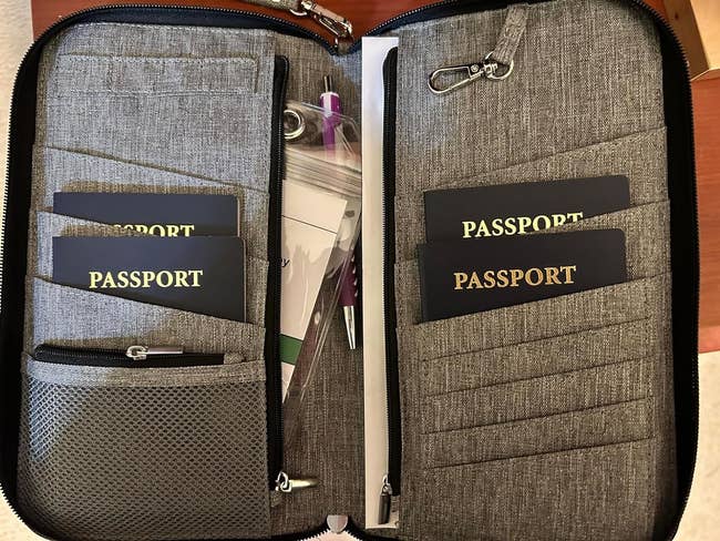 Travel organizer with multiple pockets, some holding passports and a pen