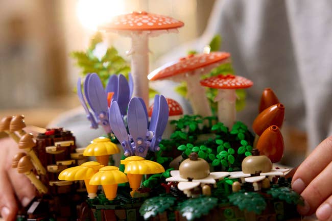 Toy gathering  acceptable   featuring mushrooms, leaves, and flowers. Hands of a idiosyncratic   adjusting the pieces. Ideal for originative  play   and decoration