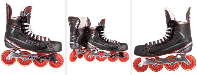 Three images of black and red skates