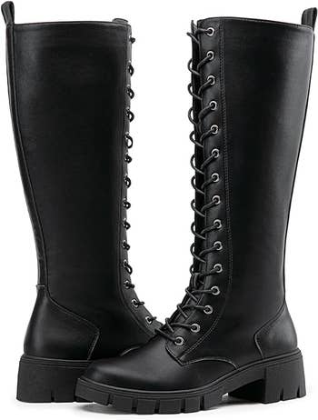 A close-up of the boots in black