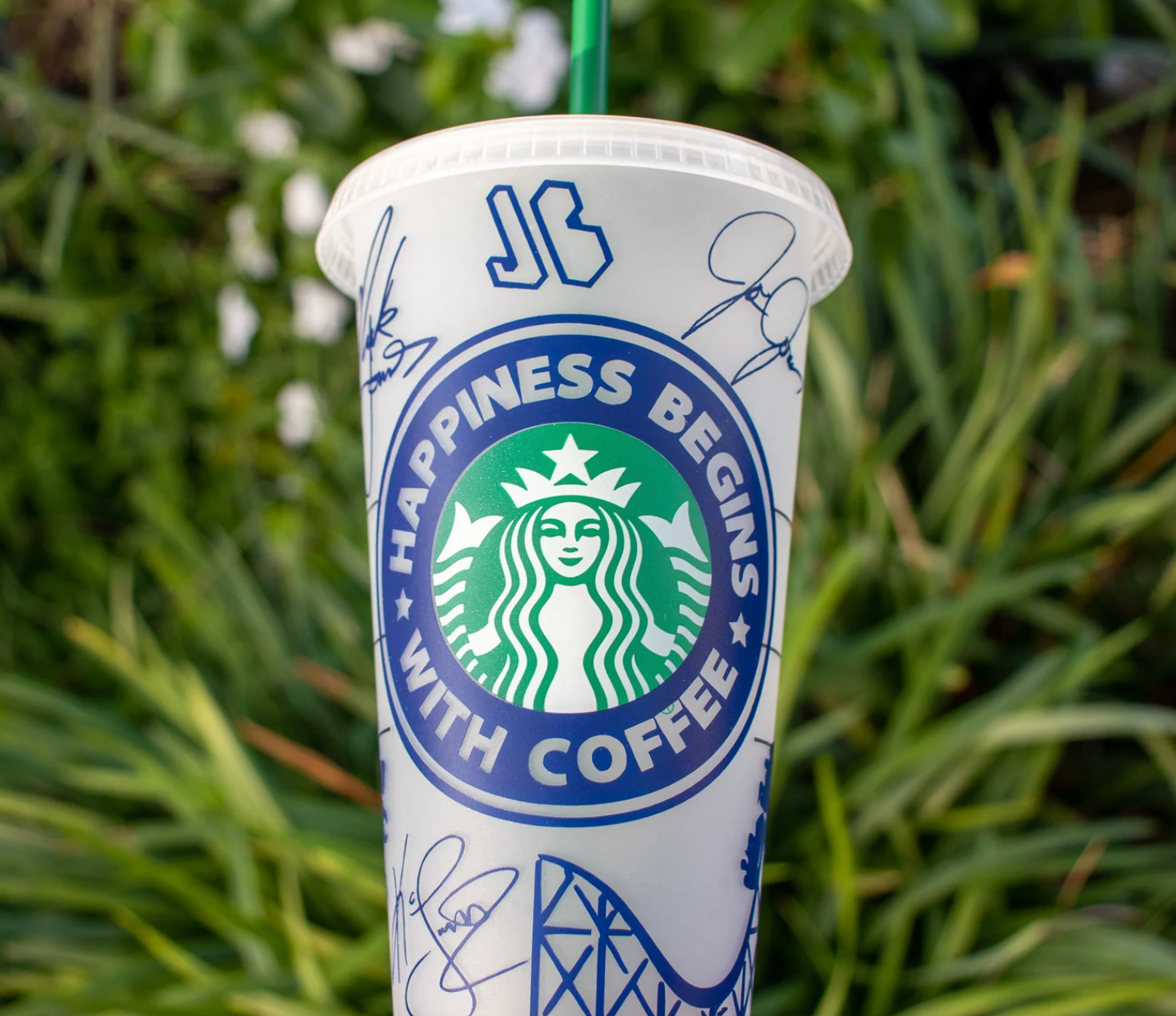 a happiness begins with coffee jonas-inspired starbucks cold cup
