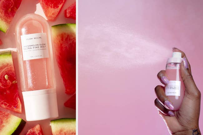 Pink spray bottle surrounded by watermelon, model spraying product into air