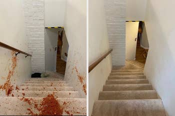 reviewer before and after of their white carpeted staircase covered in red salsa and then their clean staircase, from using the carpet cleaner