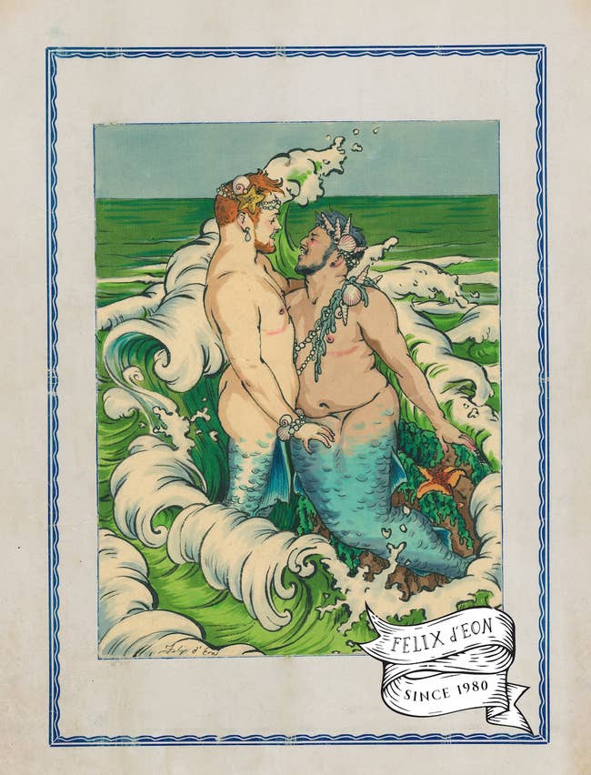 two merpeople in the ocean in vintage style print