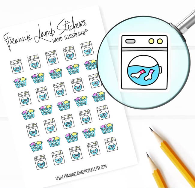 A sticker sheet with illustrations of a laundry hamper and washing machine 