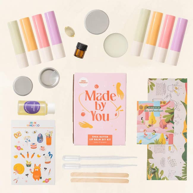 The lip balm kit with contents laid out 