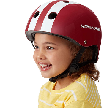 presents 3 year olds Child model wearing red Radio Flyer helmet with white stripes