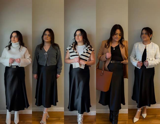 Five outfits featuring a black skirt with various tops and shoes, suitable for different occasions
