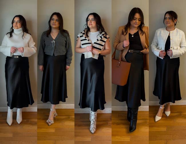 reviewer wearing five outfits featuring a black skirt with various tops and shoes, suitable for different occasions