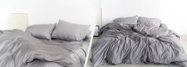 Two images of gray bedding