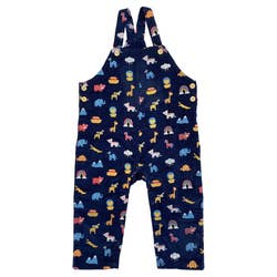 Blue corduroy overalls for toddlers with tiny animals all over them
