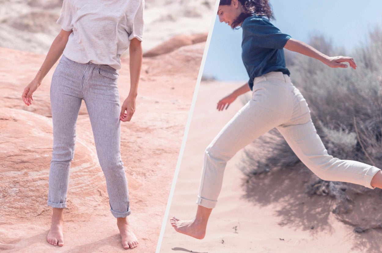 Two images of a model wearing linen pants