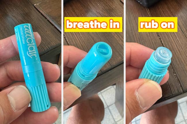 A blue tube of organic inhaler with text 