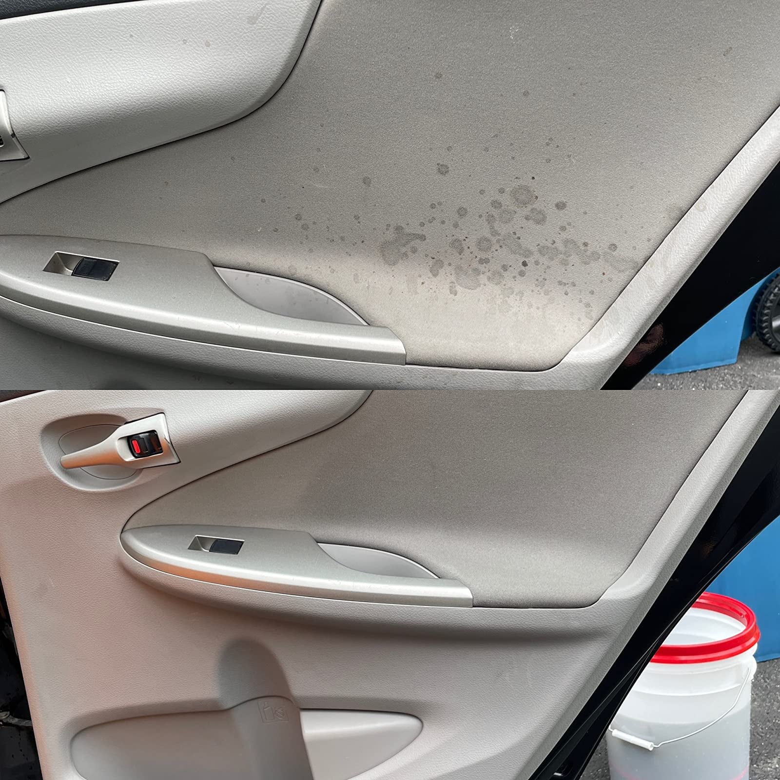 A before/after of a splotchy stain being removed from a reviewer's car door interior