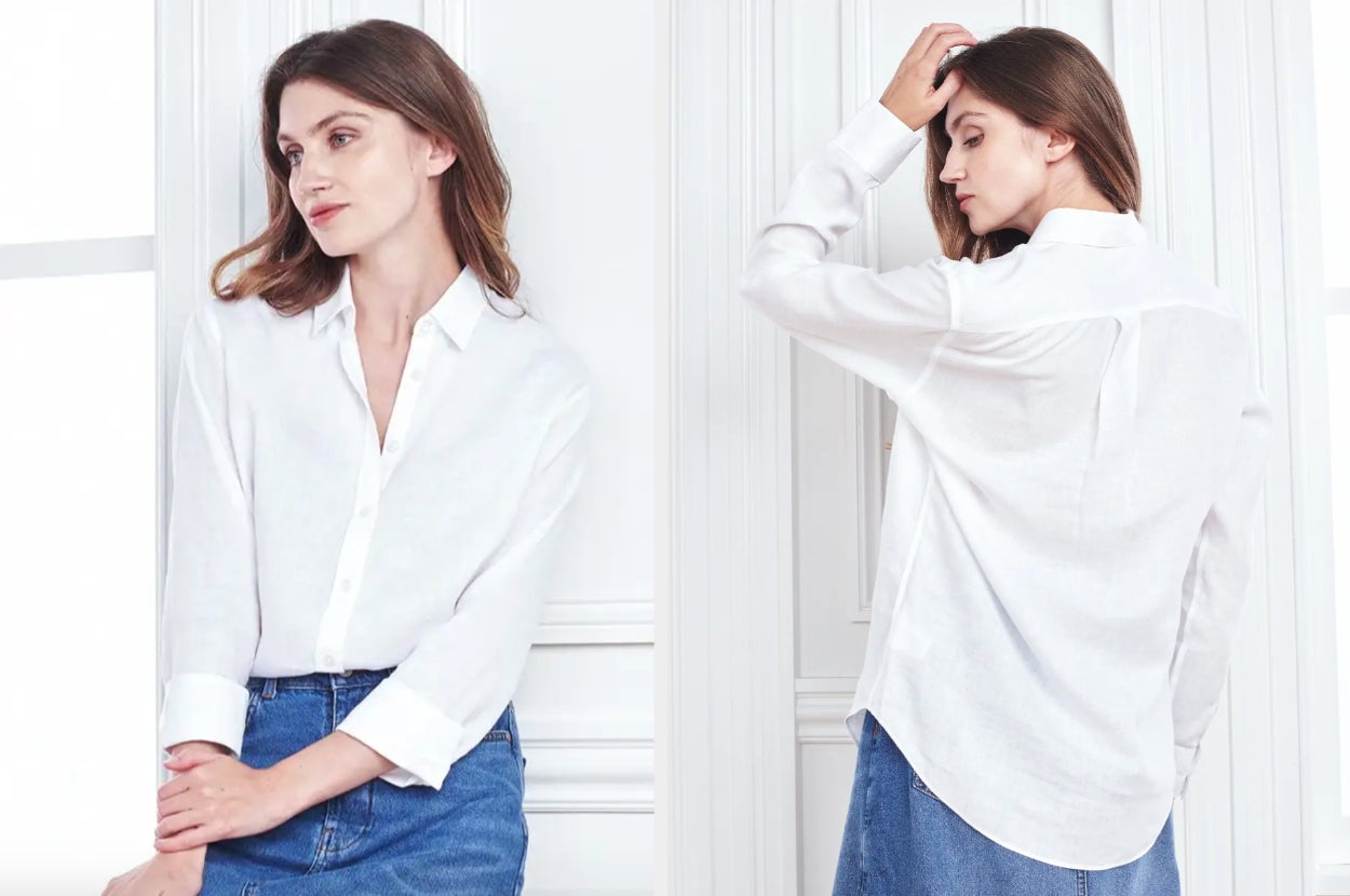 Two images of model wearing white button-up shirt