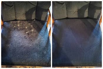side by side before and after images of a dark chair covered in white fur and then that same chair completely clean