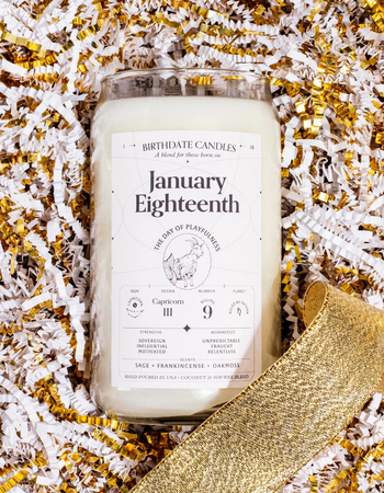 the january eighteenth candle on a pile of gold and white confetti