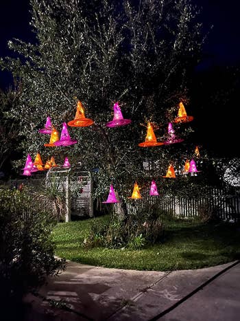 the lit-up hats hanging from a tree at night
