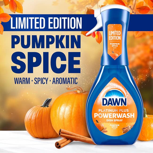 Limited Edition Dawn Pumpkin Spice Powerwash Dish Spray surrounded by pumpkins and cinnamon sticks, with text highlighting 