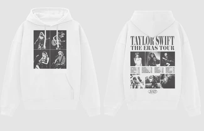 the white pullover showing collages of taylor in the front and back and eras tour cities listed on the back
