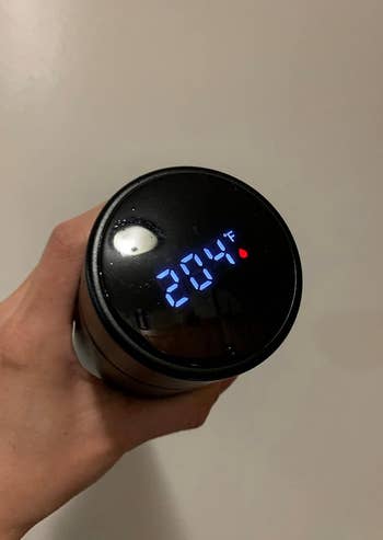A manus  holds a astute  question   mug with a integer  show  showing 204°F