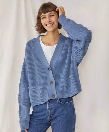 model showing the front of the cardigan
