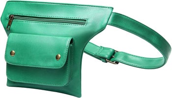 green fanny pack with zip compartment and front flap pocket