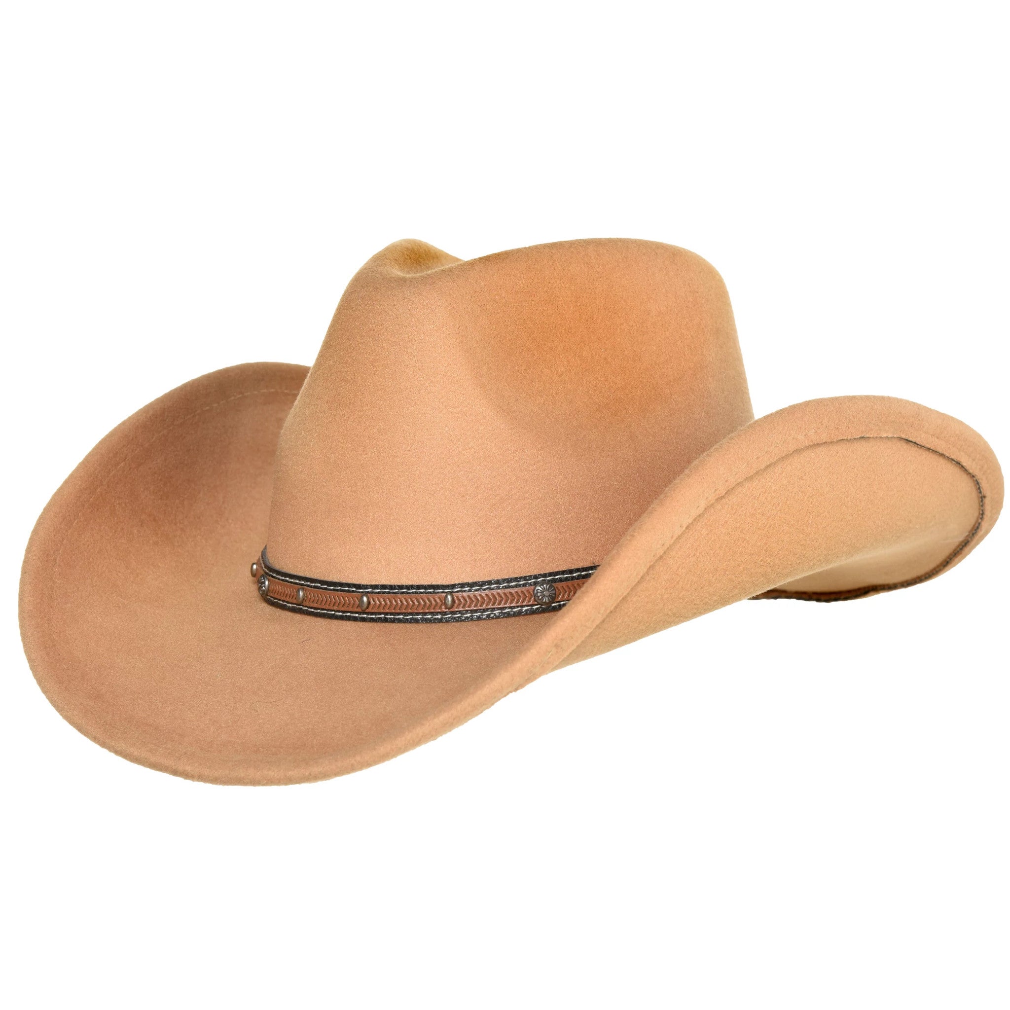 a tan cowboy hat with faux leather trim