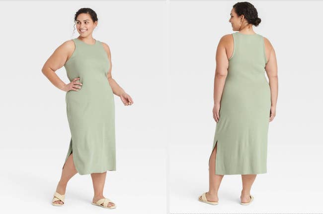 Model showing front and back view of maxi sleeveless sage green dress