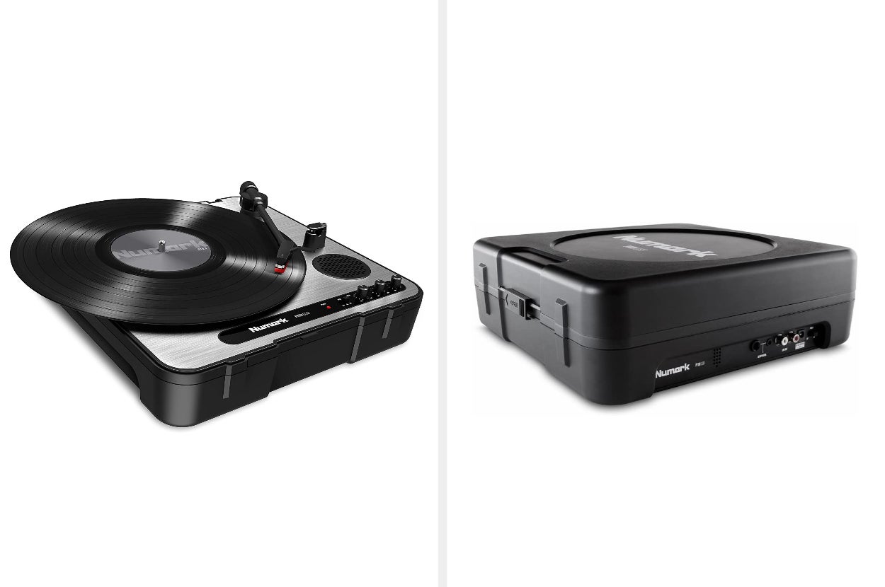 Black and silver square-shaped portable turntable with black stylus on a white background, product inside black carrying case on a white background