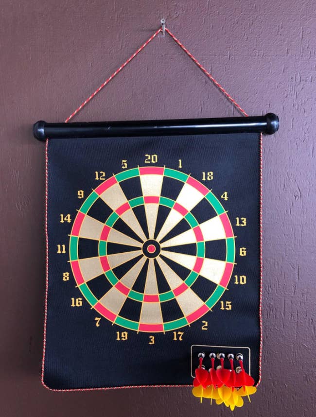 The dart board on a reviewer's wall 