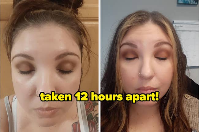 Side-by-side photos show a woman's makeup comparison, labeled