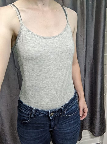 reviewer wearing the cami in gray