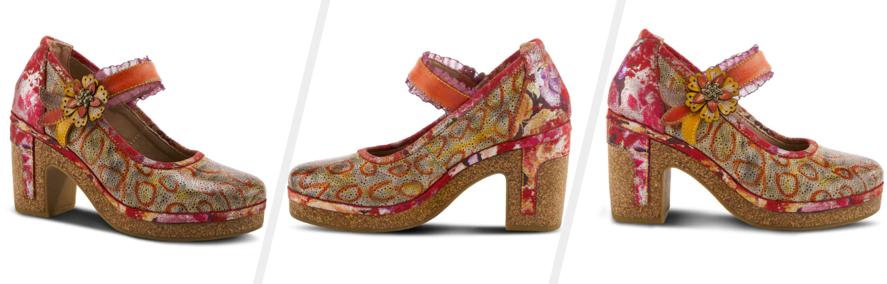 Three images of the multicolored platform Mary Jane shoe