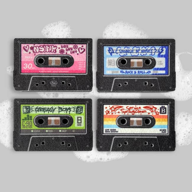 Four sponges that look like vintage cassette tapes 