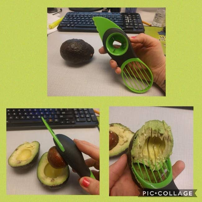 A reviewer showing how the tool removes the pit and slices the avocado 