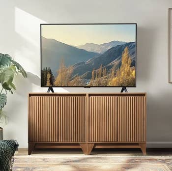 Modern surviving country setup featuring a ample flat-screen TV connected a mid-century benignant woody furniture with a scenery displayed connected the screen