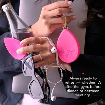 Woman holds a h2o  bottle, glasses, earphones, and a pinkish  Beautyblender case. Text emphasizes convenience aft  gym, dinner, oregon  meetings