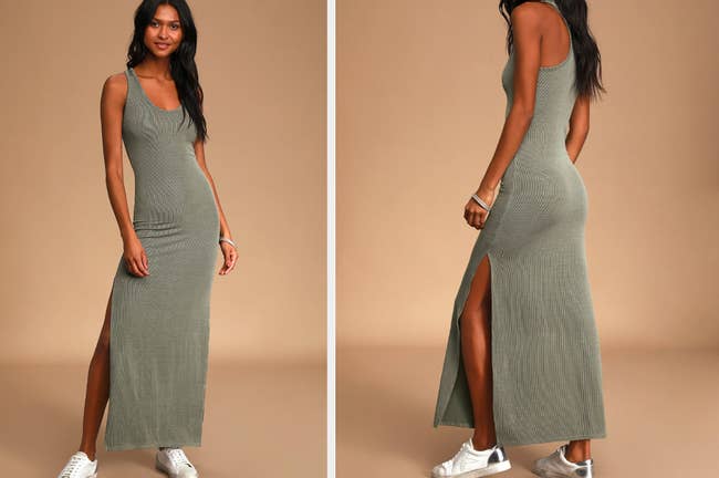 Model wearing sage green bodycon maxi dress with side slit
