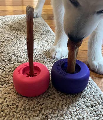 a long stick treat in a pink wheel-shaped grip and a shorter, thicker stick treat in a purple grip