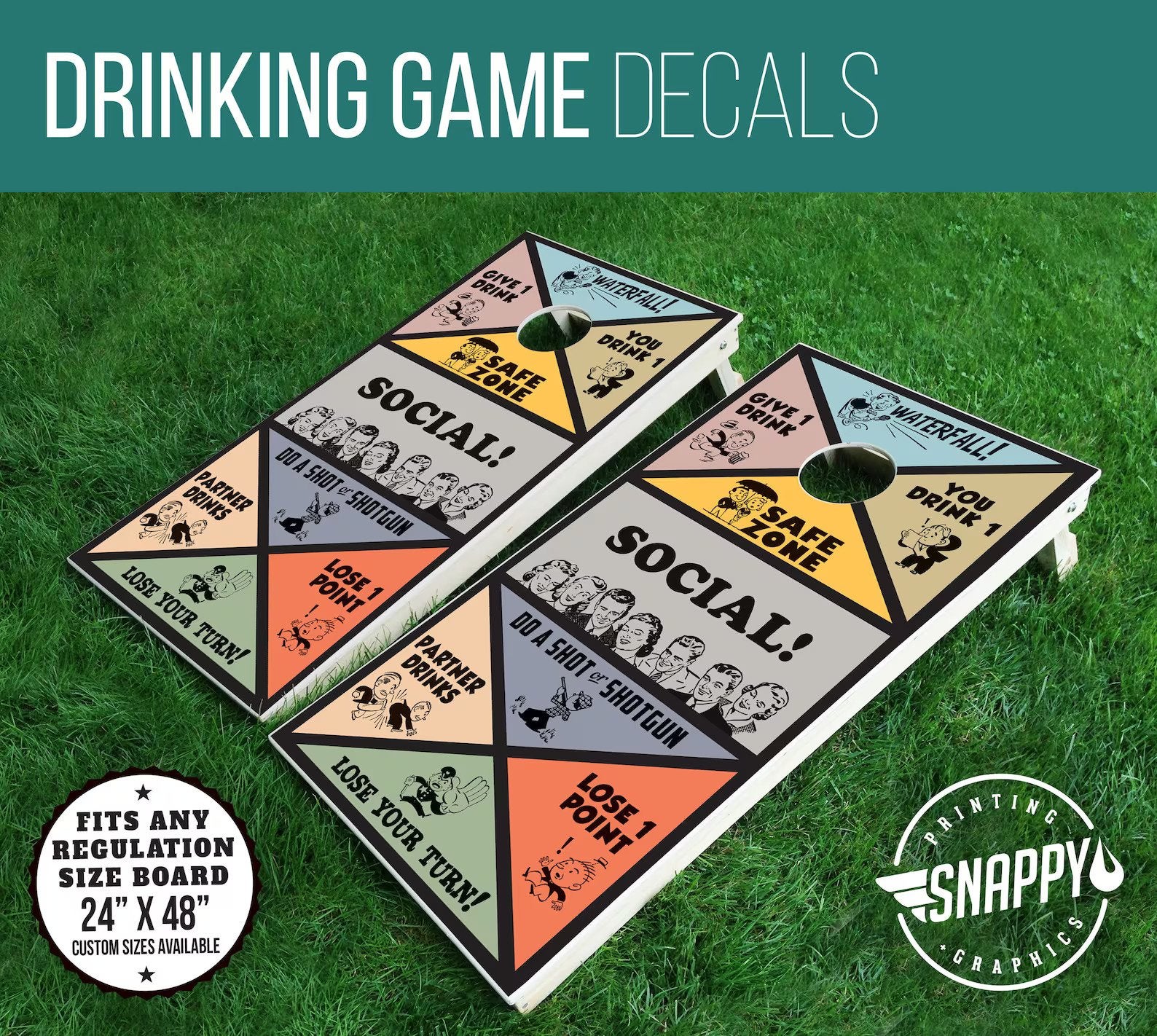 two cornhole boards with decals on them