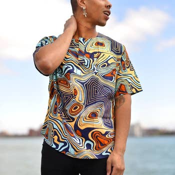 model in multicolor abstract print top