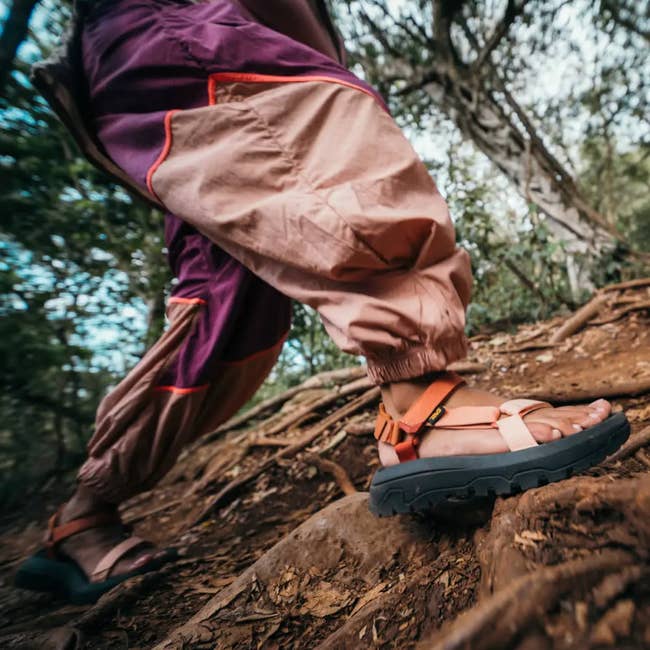 Person hiking connected wood way wearing sporty sandals and loose, casual pants. The representation suggests outdoor durability and comfortableness for escapade seekers