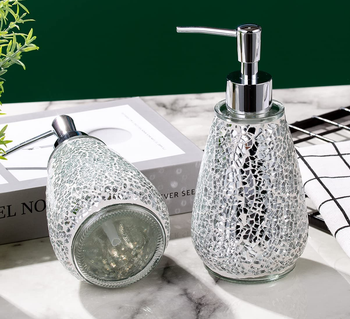 Two images of silver and white soap dispensers
