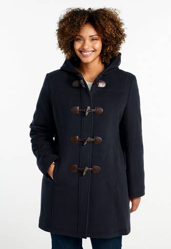 Model wearing the duffel coat