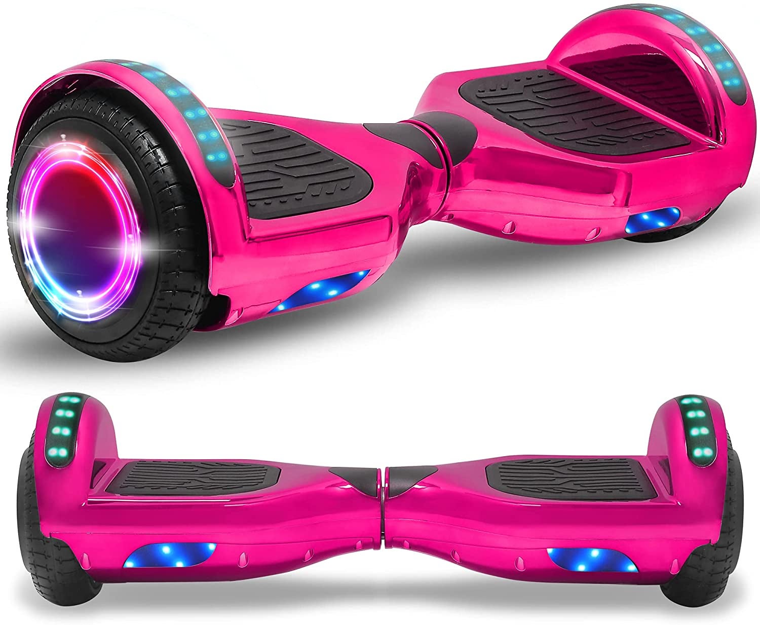 Hot pink hoverboard with light up sides side-view and front-view