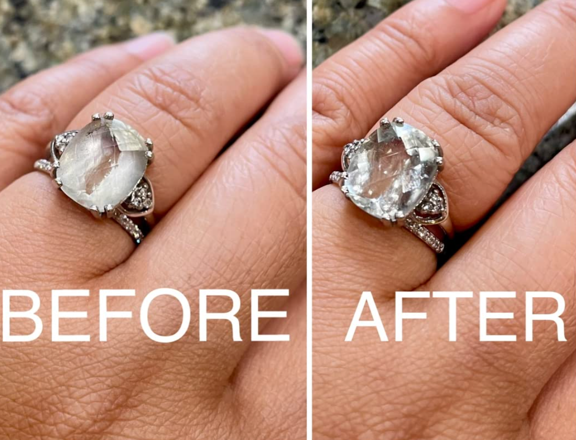 a reviewer before and after for the jewelry cleaning pen