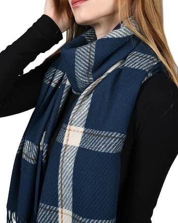 model wearing the navy blue scarf