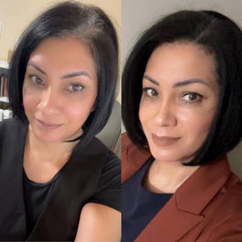 Side-by-side selfies of a idiosyncratic with abbreviated hair, wearing a achromatic apical connected the near and a brownish overgarment connected the right, grey hairsbreadth covered